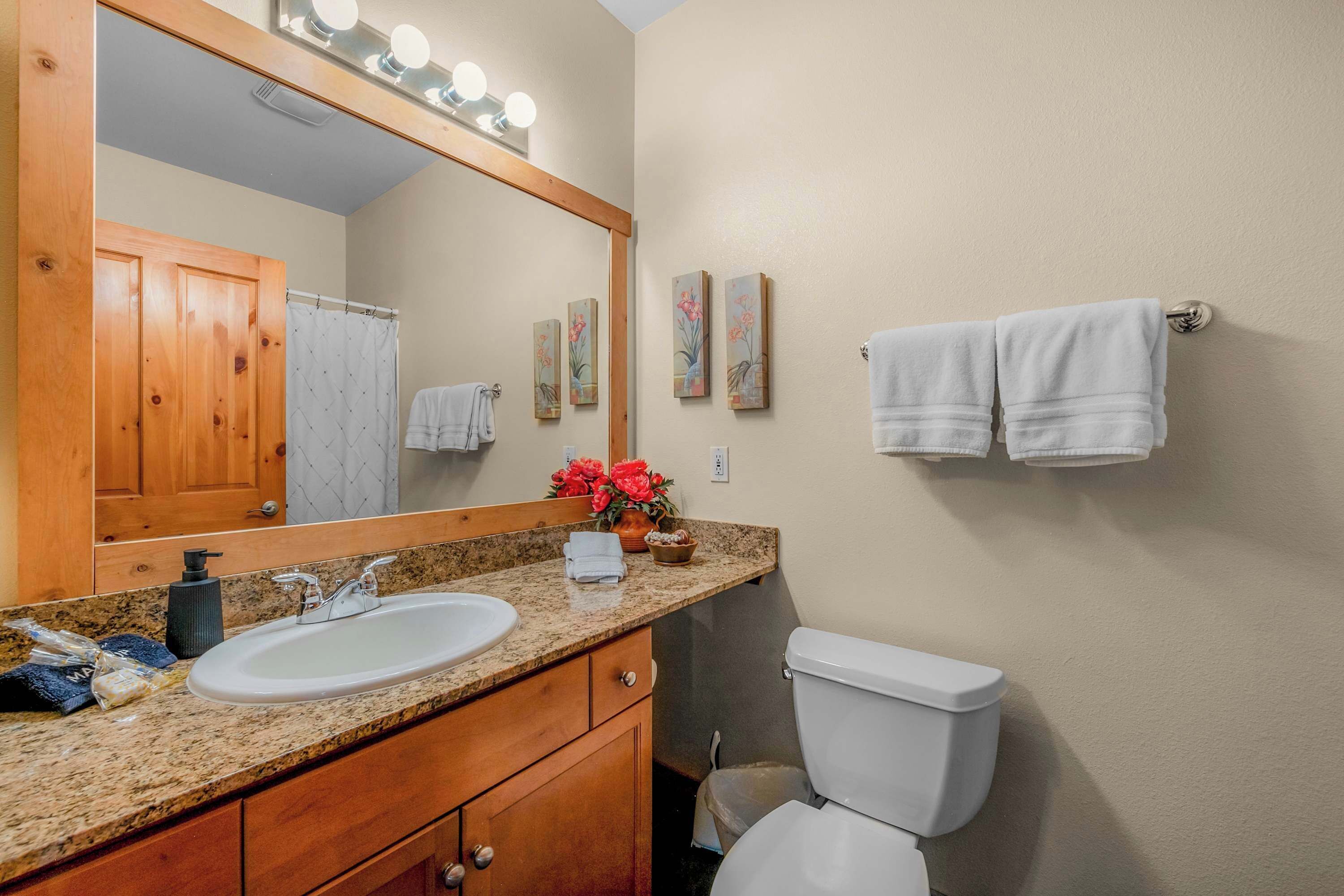 A bathroom with a sink, mirror, toilet, and towel rack.