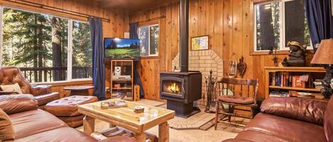 House, Multiple Beds, Balcony, Mountain View (Chambers Landing Chalet) | Living area | 42-inch flat-screen TV with digital channels, fireplace