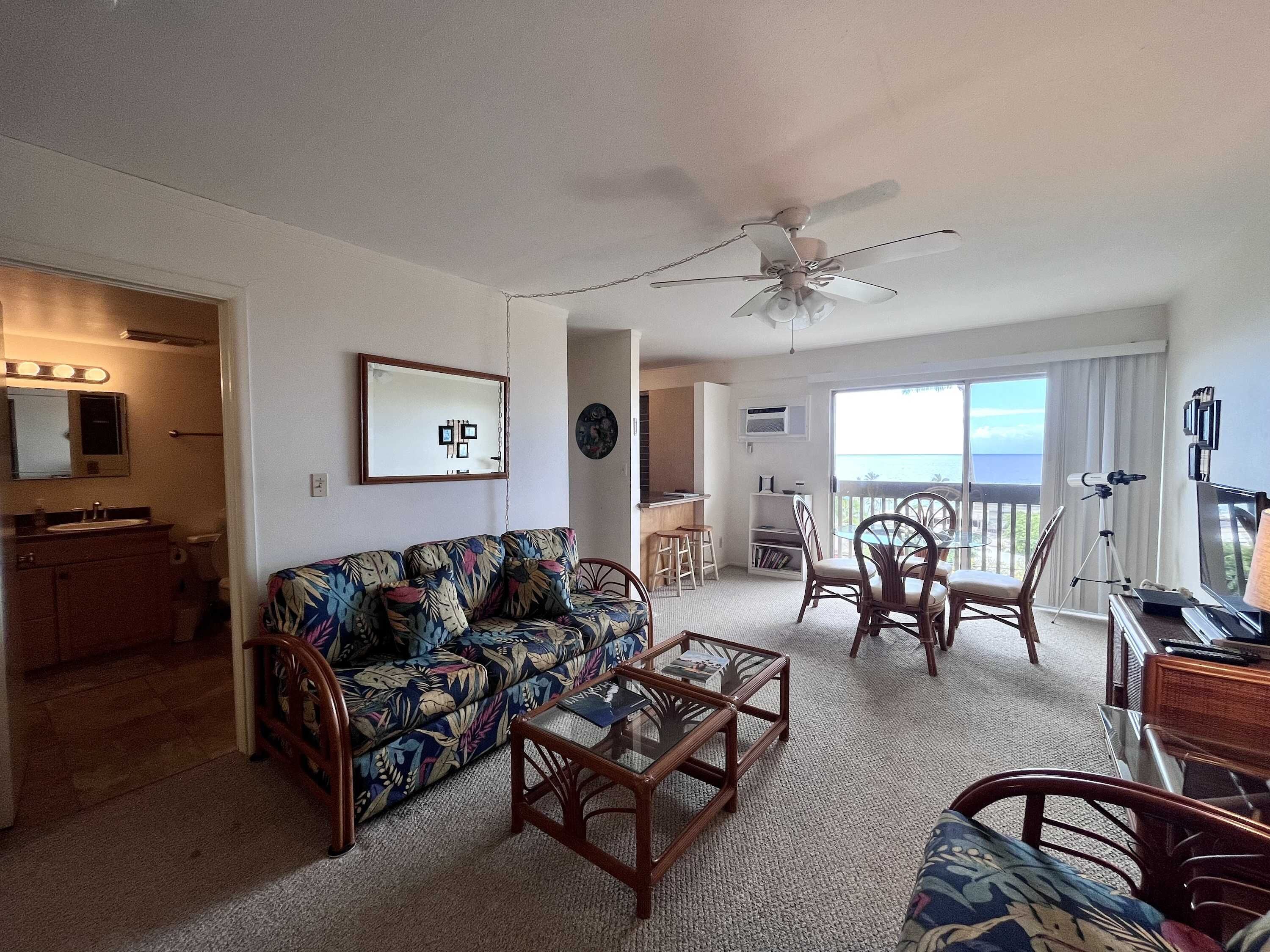 Condo, 1 King Bed with Sofa bed, Kitchen, Ocean View (Kona Mansions #C305) | Living area | 35-inch flat-screen TV with digital channels