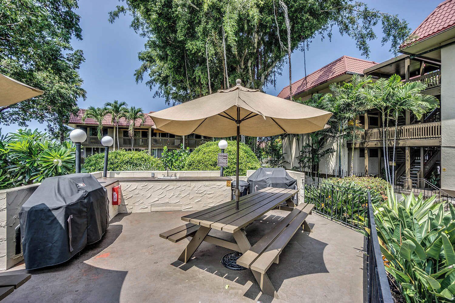 Une terrasse extérieure avec une table de pique-nique, un barbecue et un parasol.