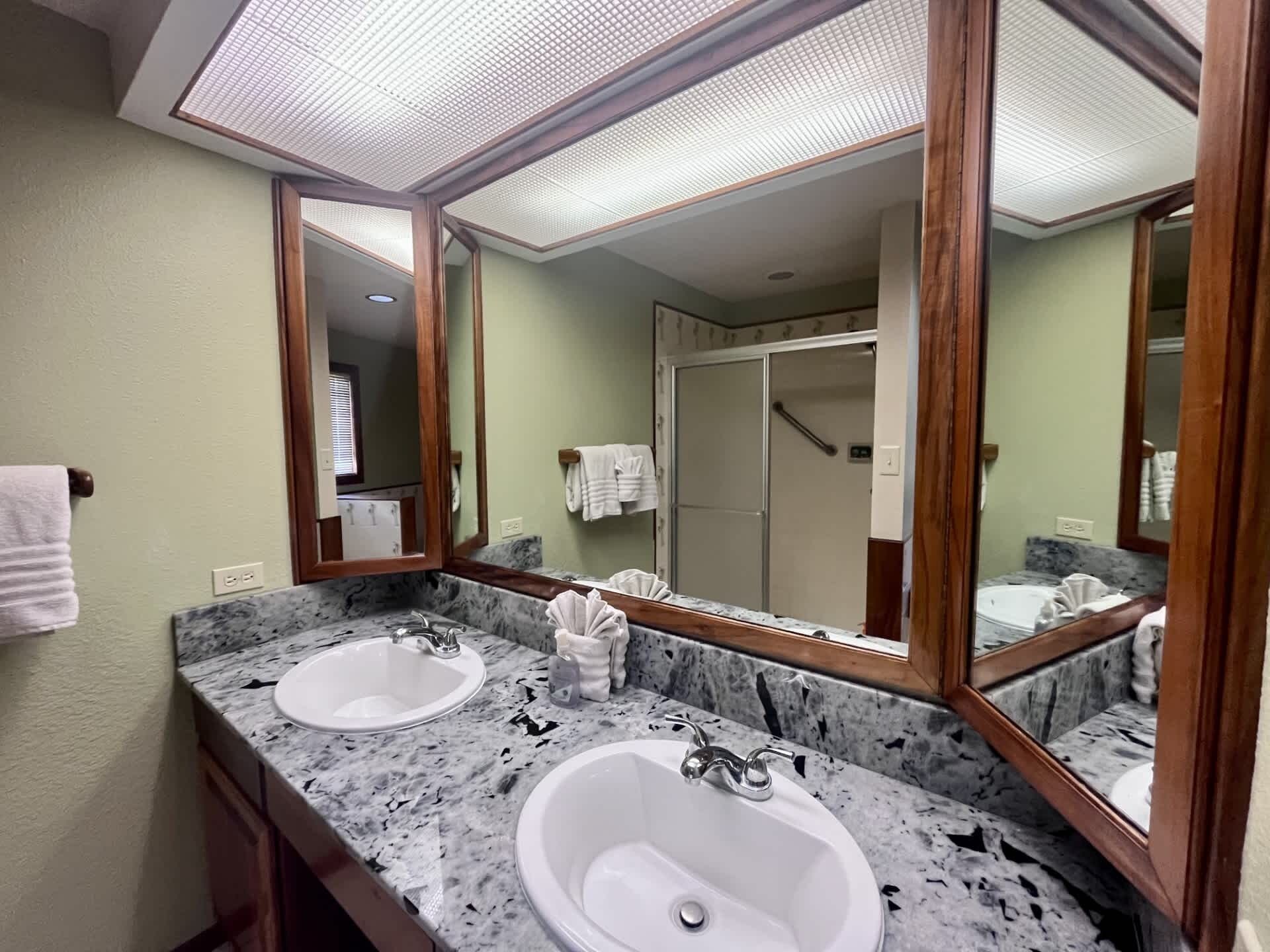 A bathroom with two sinks, a large mirror, and a shower area.