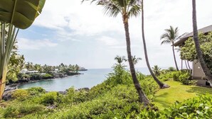 A tropical resort with a view of the ocean, palm trees, and lush greenery. - Kanaloa At Kona Enjoy Peace in Paradise! (Kailua-Kona)