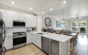 A modern kitchen with white cabinets, stainless steel appliances, and a central island.