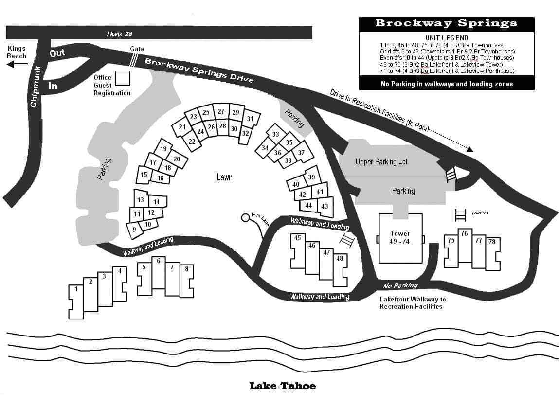 A map of Brockway Springs with parking areas, walkways, and a tower labeled 49-74.