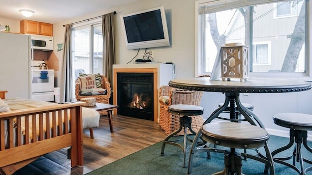 A cozy living room with a fireplace, wooden furniture, a television, and a view of the outside.