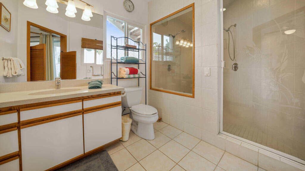 Un baño con ducha, inodoro y lavamanos con espejo.
