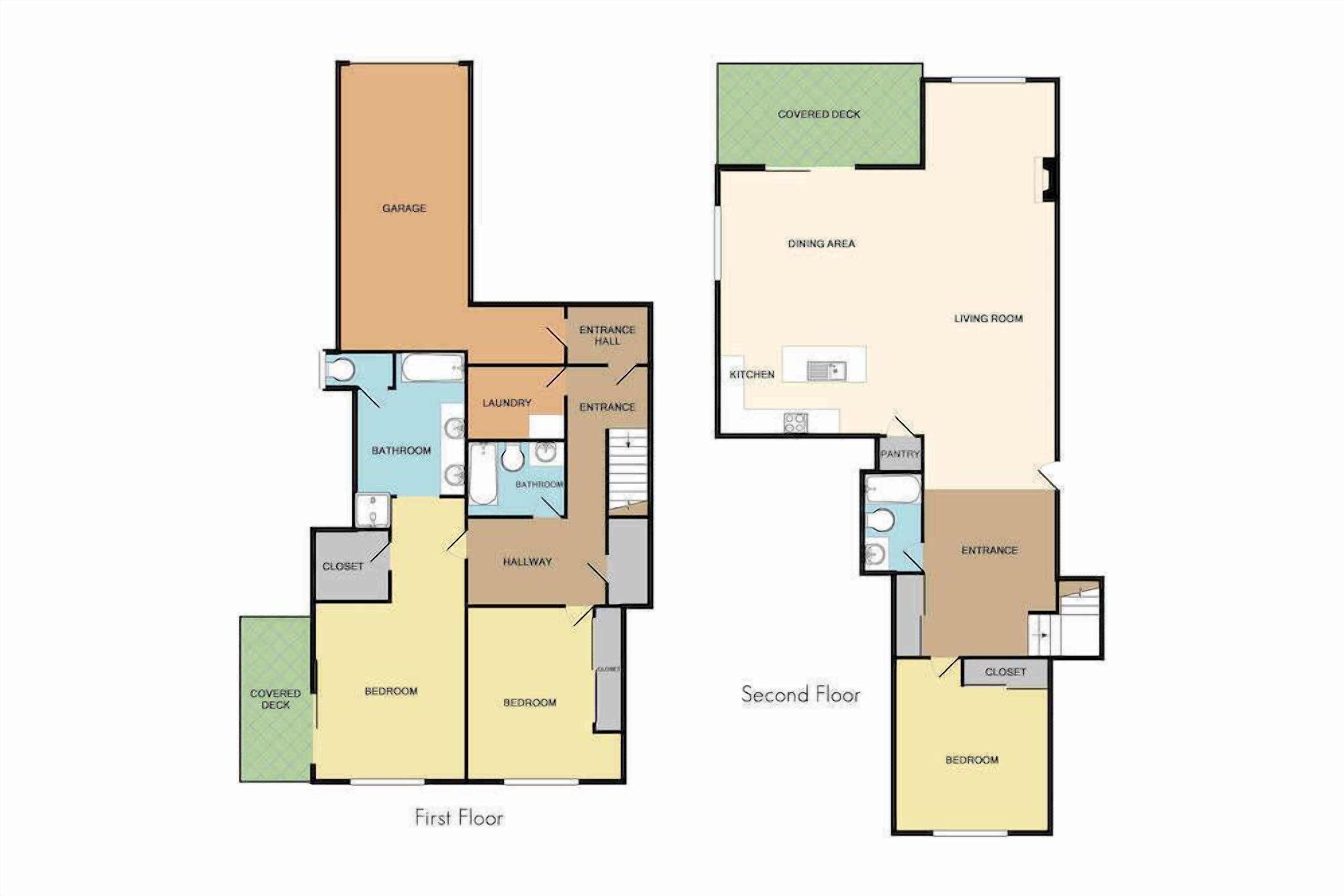 A floor plan of a two-story building with a garage, covered decks, a dining area, living room, kitchen, bathroom, entrance hall, and two bedrooms.