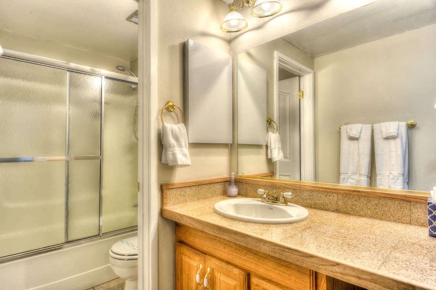 A bathroom with a glass shower enclosure, a sink with a vanity, and a large mirror.