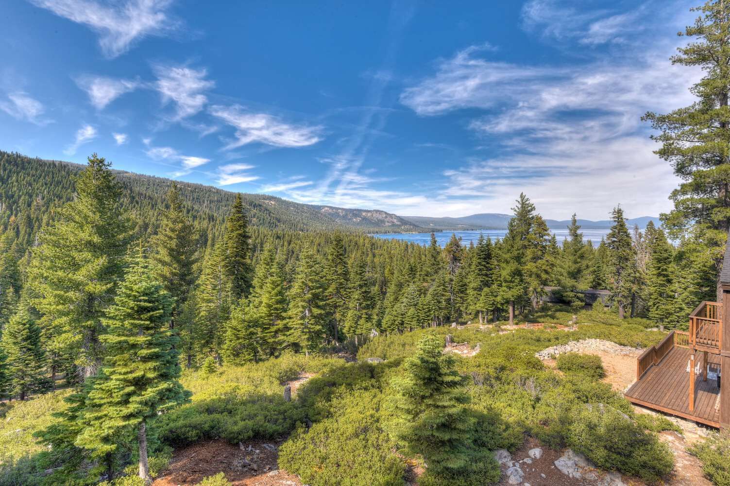 A forested area with a wooden cabin and a view of a lake.