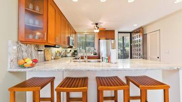 Condo, Multiple Beds, Balcony, Ocean View (Country Club Villas #208) | Private kitchen | Fridge, microwave, oven, stovetop