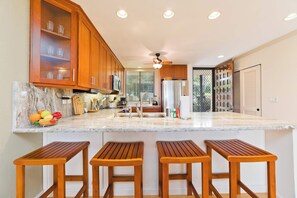 Condo, Multiple Beds, Balcony, Ocean View (Country Club Villas #208) | Private kitchen | Fridge, microwave, oven, stovetop