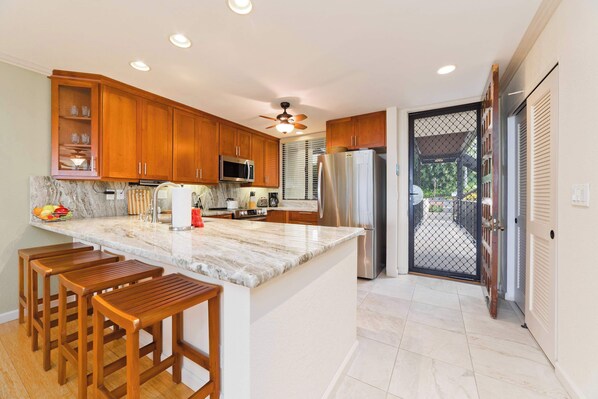 Condo, Multiple Beds, Balcony, Ocean View (Country Club Villas #208) | Private kitchen | Fridge, microwave, oven, stovetop