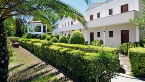 A white building with multiple windows and doors, surrounded by neatly trimmed hedges and a palm tree. - Elena Mare (Lesvos)