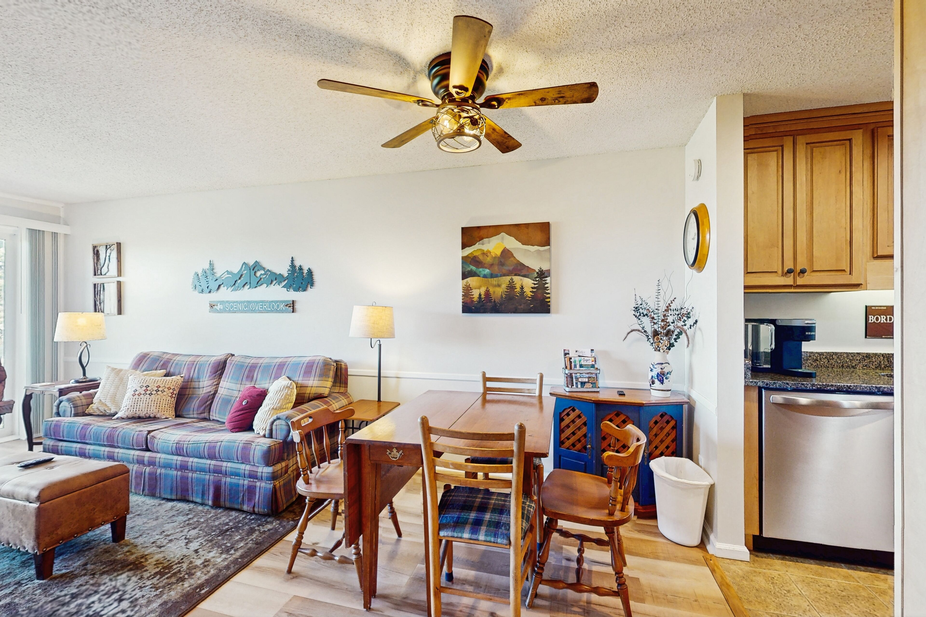 TV, fireplace, books, video library