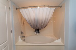 Combined shower/bathtub, hair dryer, towels, toilet paper