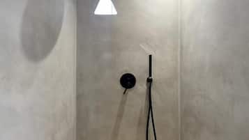 Shower, rainfall showerhead, designer toiletries, hair dryer