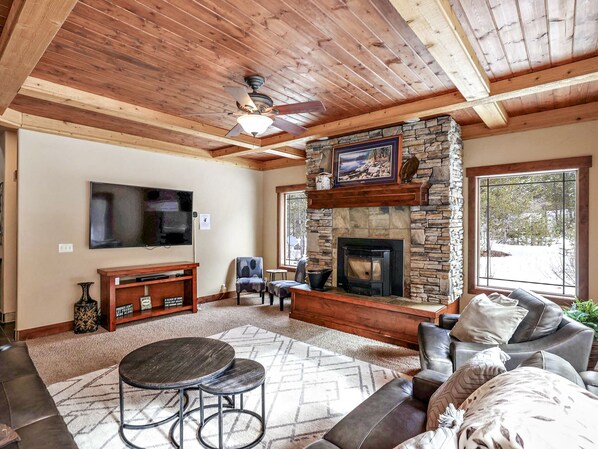 Smart TV, fireplace, DVD player, stereo