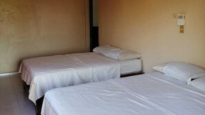 Una habitación con dos camas individuales, una puerta y un interruptor de luz en la pared.