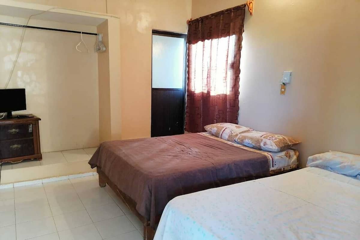 A bedroom with two beds, a wardrobe, a television, and a window with curtains.