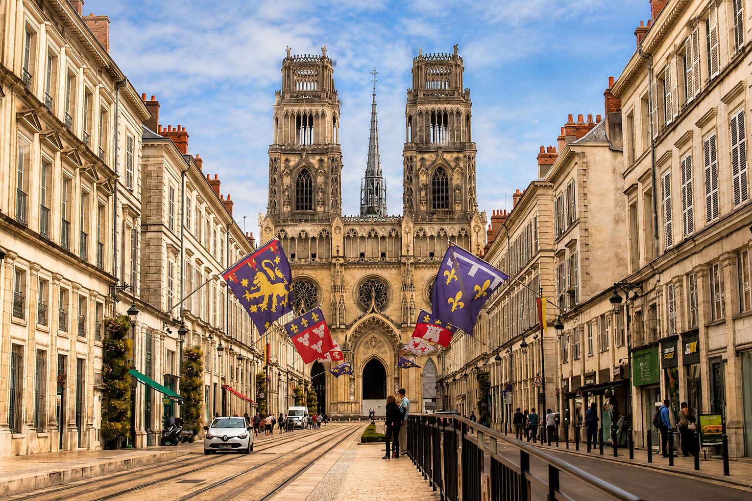 A street leading to a cathedral with two towers, flags, and a tram line.