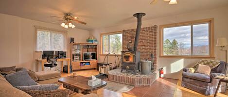 TV, fireplace, DVD player, books