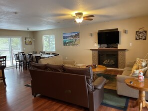 Smart TV, fireplace, DVD player, foosball