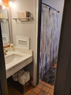 Combined shower/bathtub, hair dryer, towels, soap - Modern Style and Comfort near UC (Cincinnati)