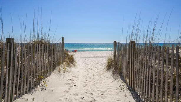 A sandy beach path leading to the ocean, flanked by wooden fences and sparse vegetation.