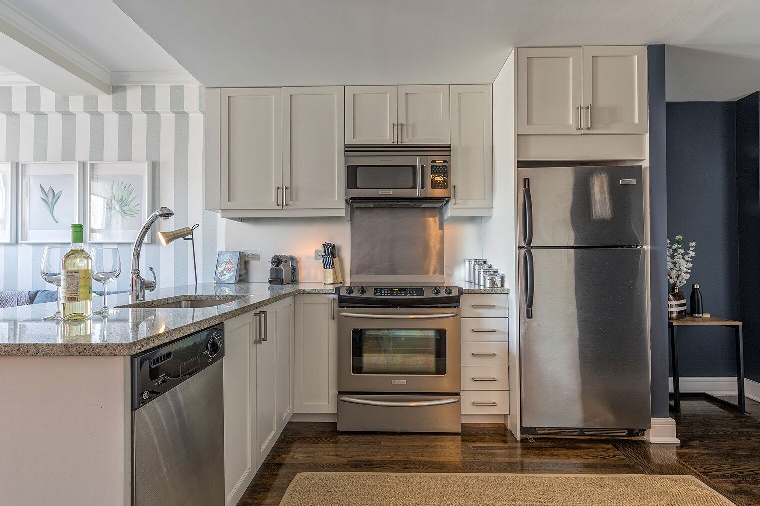 Fridge, microwave, oven, dishwasher