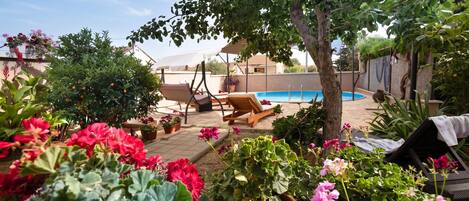 A backyard with a swimming pool, lounge chairs, and potted plants.