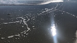 Une plage où la lumière du soleil se reflète sur l’eau et le sable.