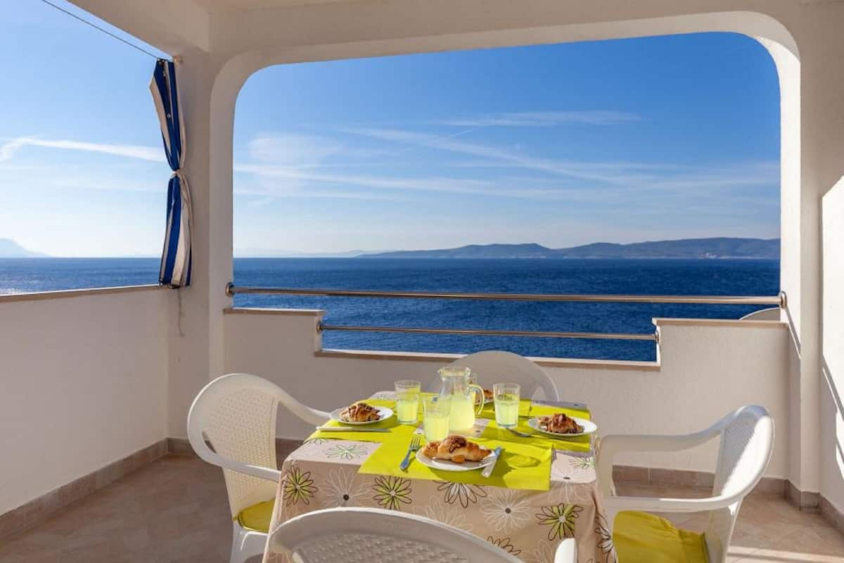A balcony with a table set for two, overlooking a coastal view.