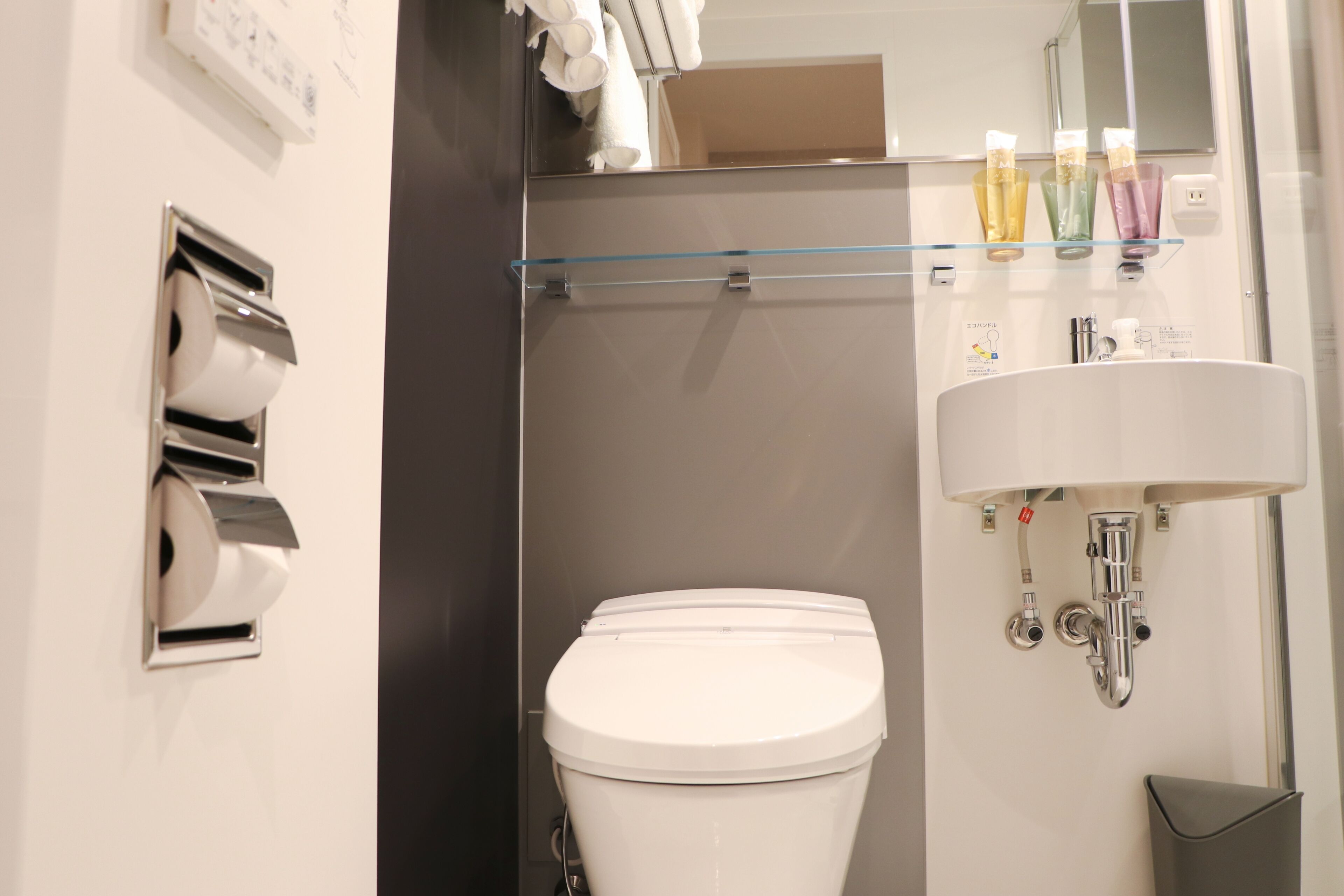 rainfall showerhead, hair dryer, slippers, bidet