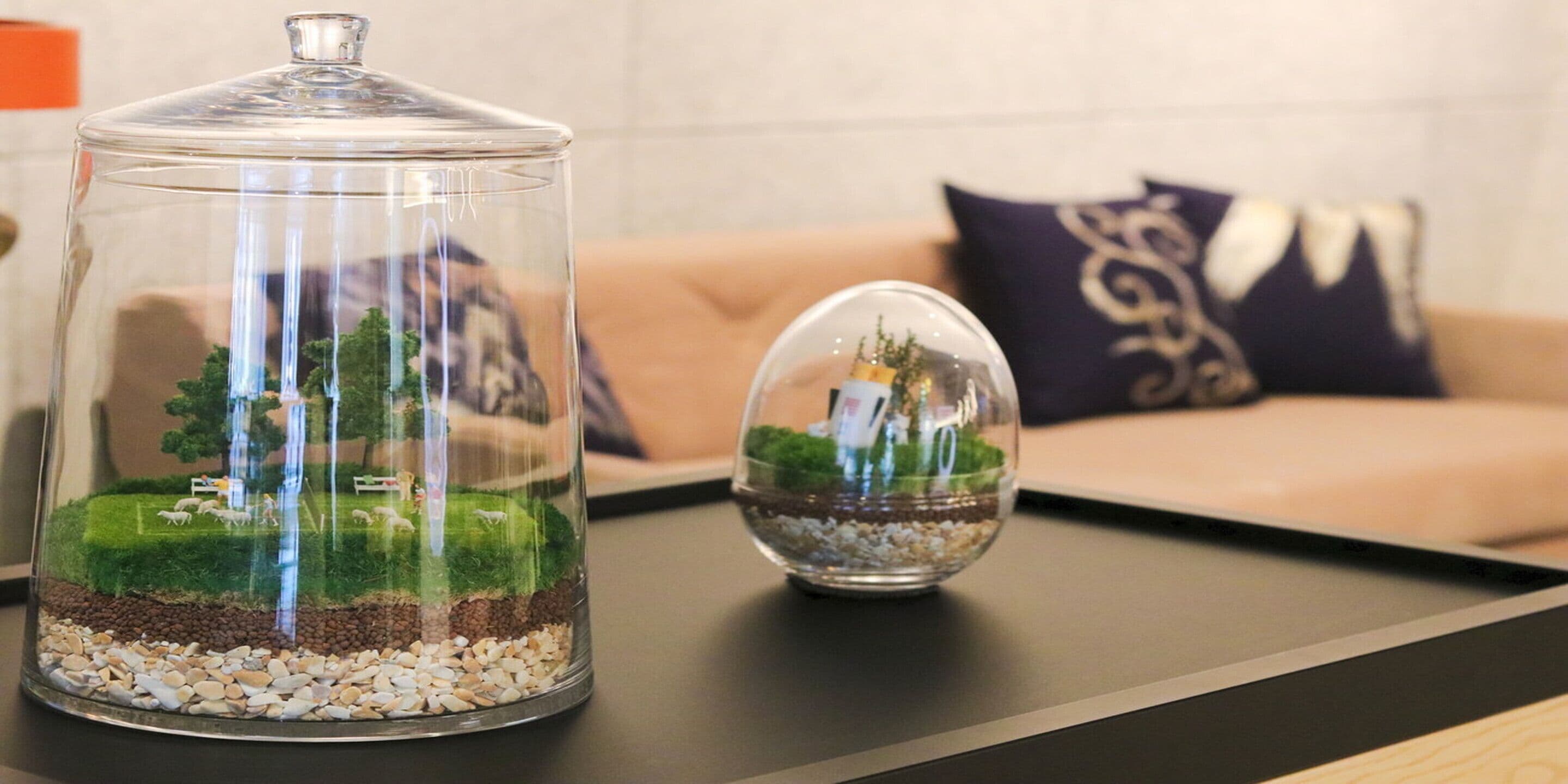 Two glass terrariums with miniature landscapes on a table.