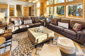 TV, fireplace, foosball - Luna Lodge by Destination Big Bear : Centrally Located between Snow Summit and Bear Mtn in Beautiful Heavenly Valley Estates! 6 Bedrooms with En-Suites! Spa! Gameroom! Theater Room! (Big Bear Lake)