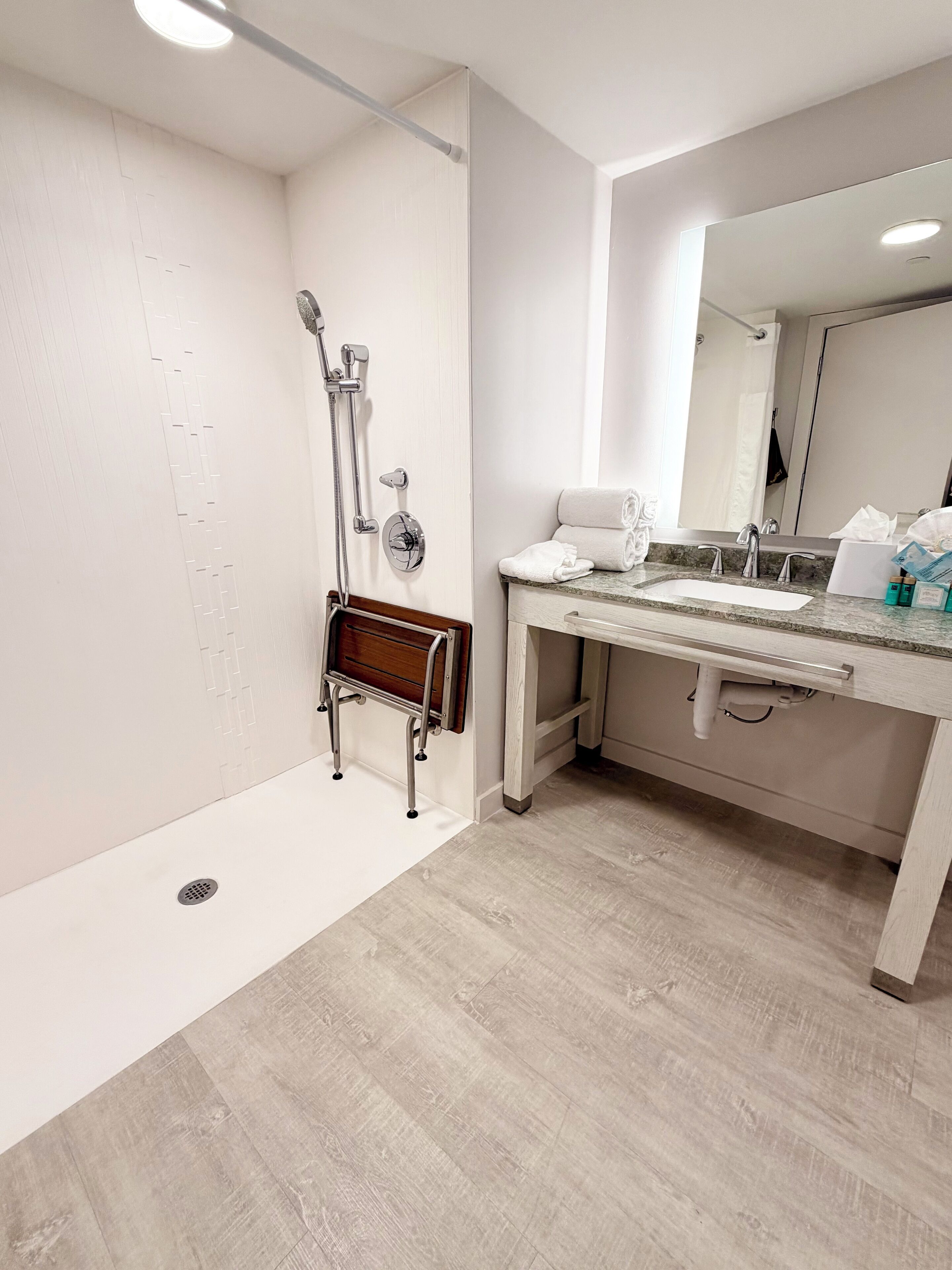 A modern bathroom with a shower, a sink, and a mirror.