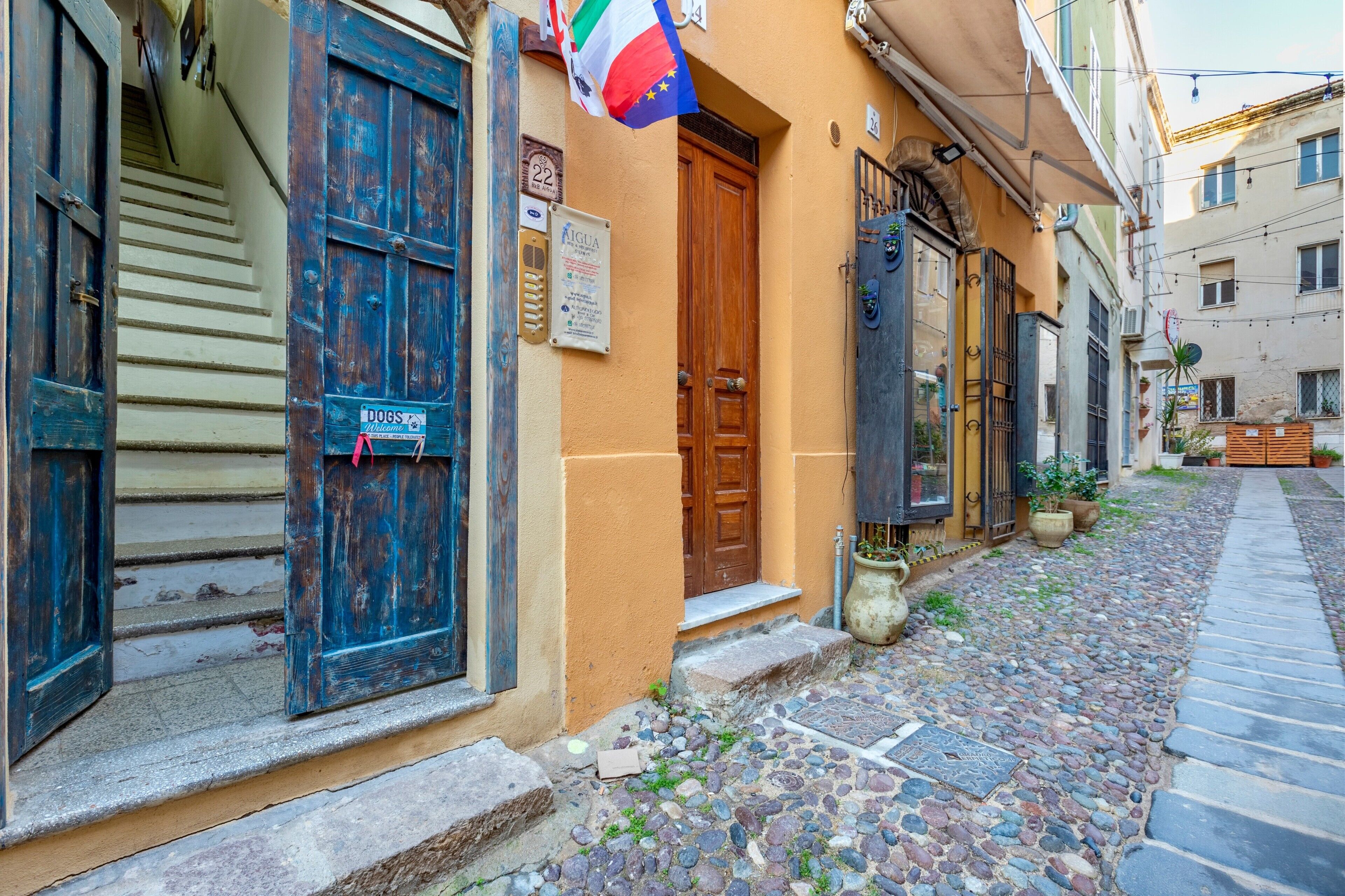 Una stretta via acciottolata fiancheggiata da edifici, una porta in legno con un cartello e una bandiera.