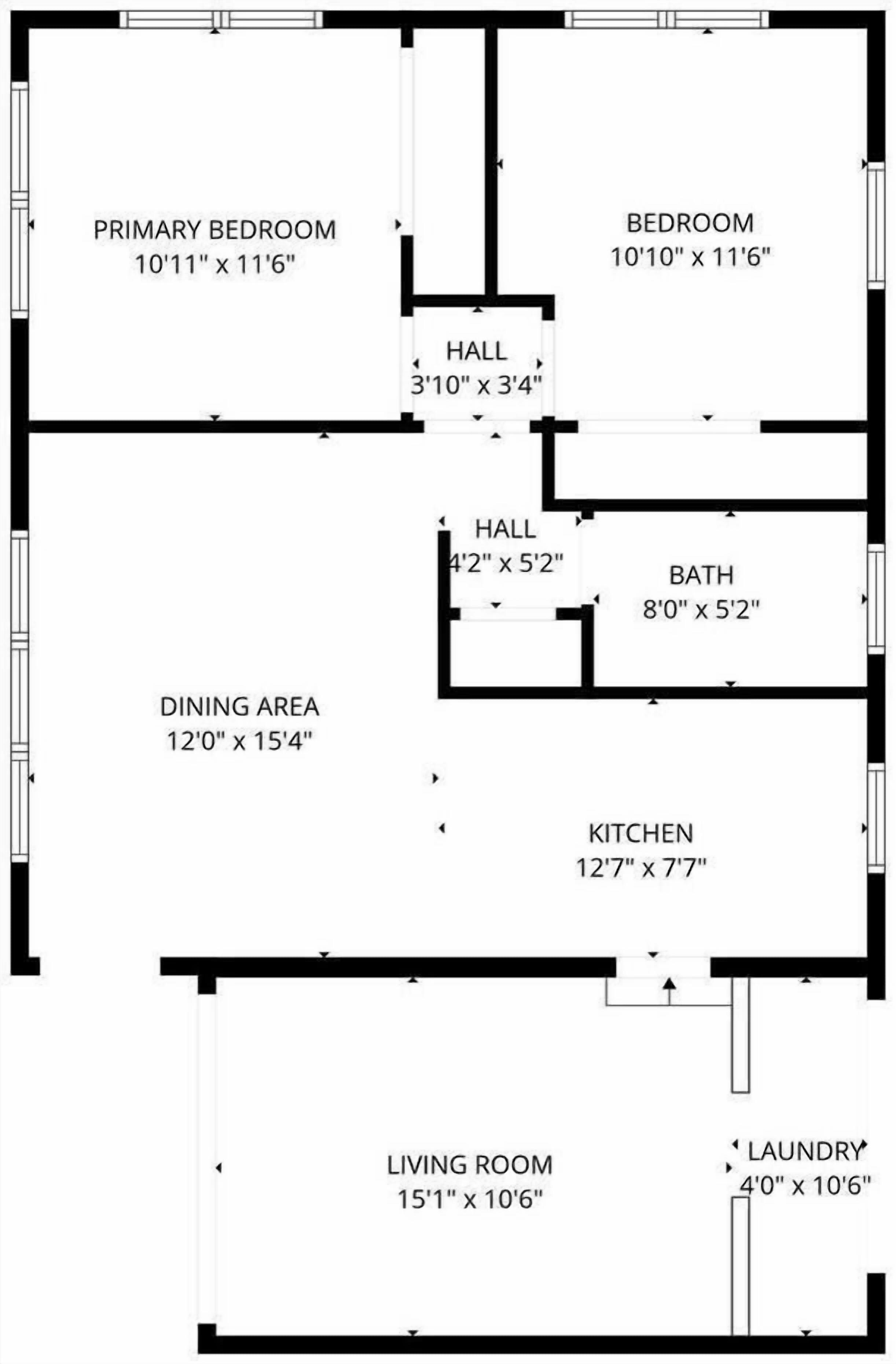 Un plan d’étage d’une chambre d’hôtel comprenant une chambre principale, une chambre secondaire, un coin repas, une cuisine, un salon, une salle de bain, deux couloirs et une buanderie.
