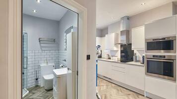 Shower, hair dryer, towels, toilet paper