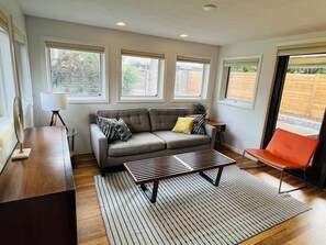 TV, fireplace - Light + Bright Boulder Midcentury 30+ day rental  (Boulder)