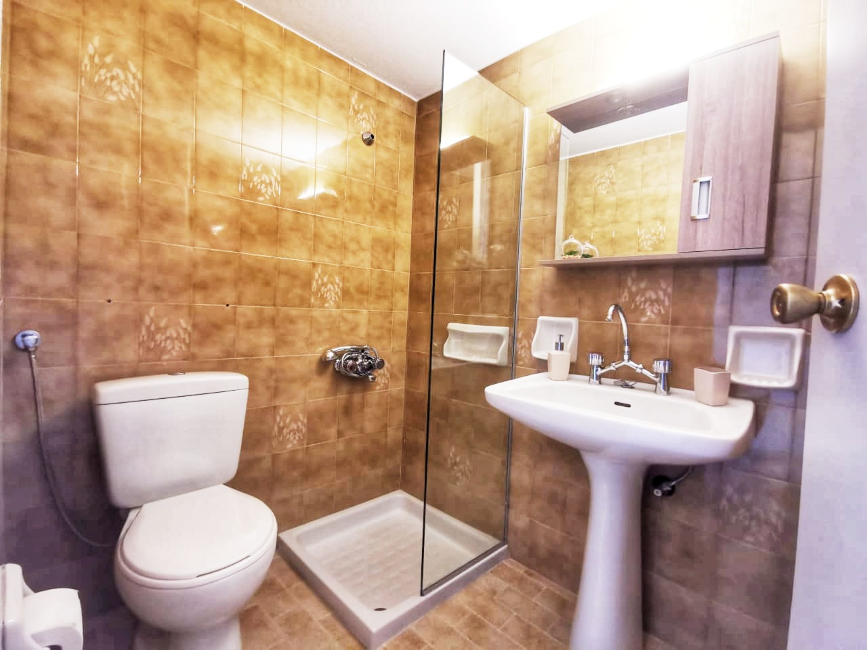 A bathroom with a toilet, a shower with a glass door, and a sink with a mirror above it.