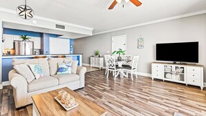 Living area - Beachfront 1BR Panama City Beach Condo w/ Pools, Hot Tubs & Walk to Pier Park (Panama City Beach)