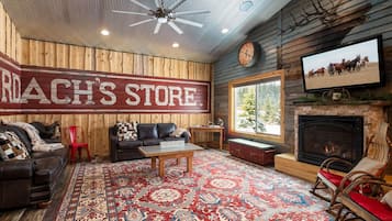 TV, fireplace, books, stereo