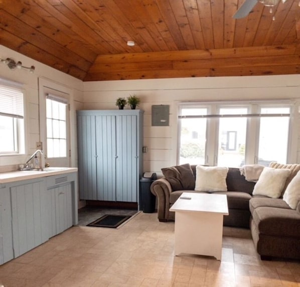 A spacious living area with a wooden ceiling, a light blue cabinet, a brown sofa, and a white coffee table.