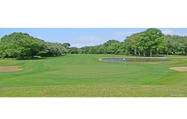 A golf course with a flagstick, water hazards, and trees.
