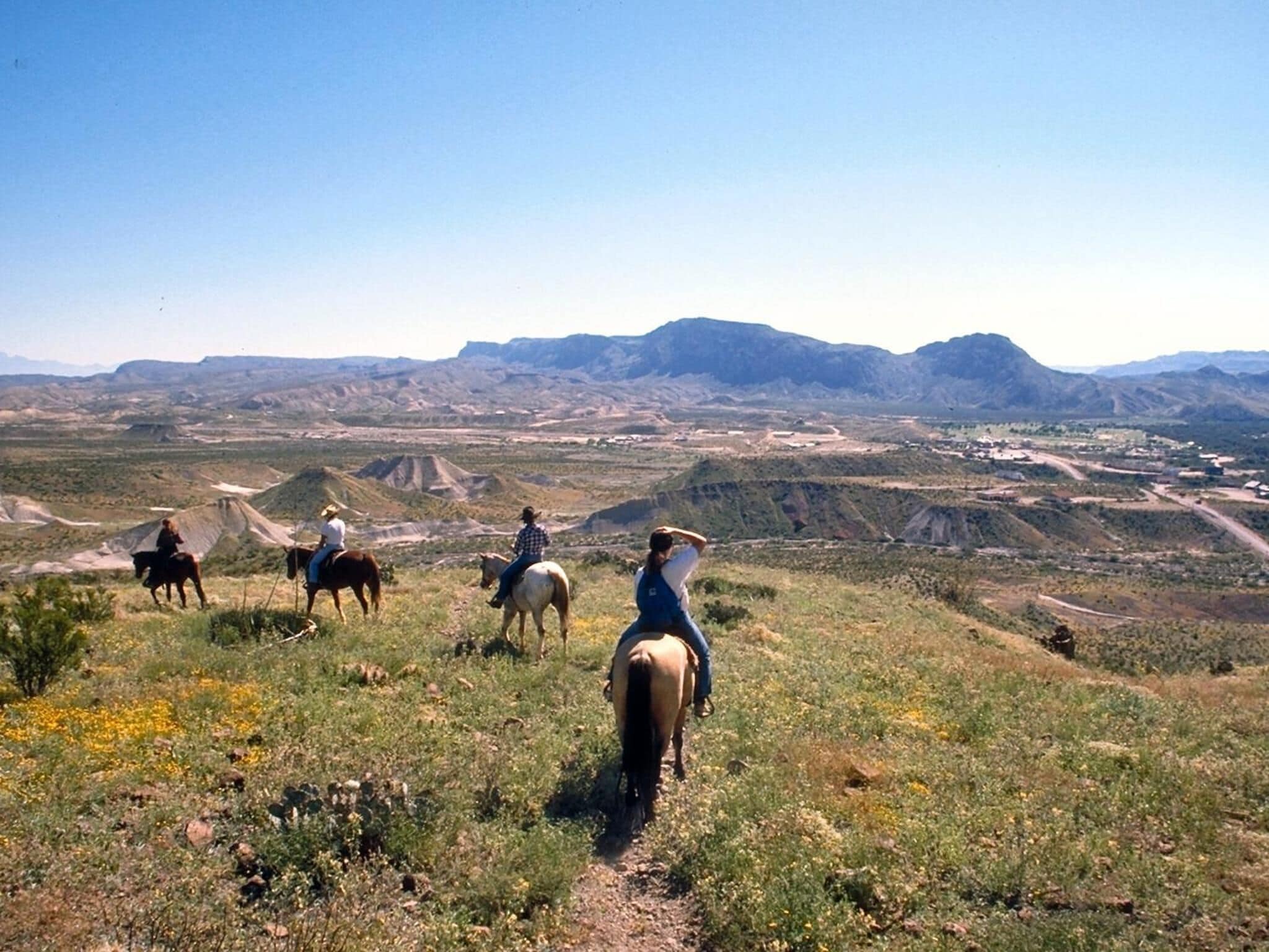 A group of people riding horses on a dirt path with a vast landscape and mountains in the background.