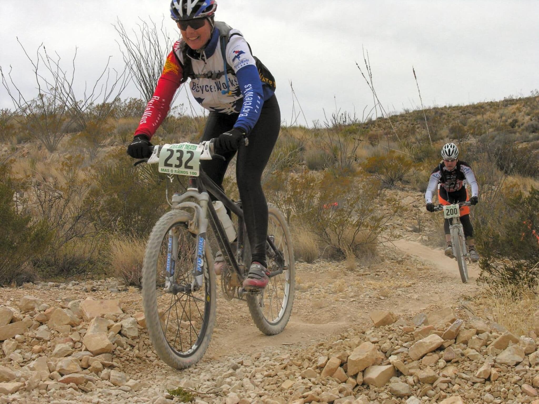 A person riding a mountain bike on a rocky trail.