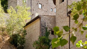 A stone building with multiple windows and a tower, surrounded by vegetation. - Antica Torre Del Nera (Scheggino)