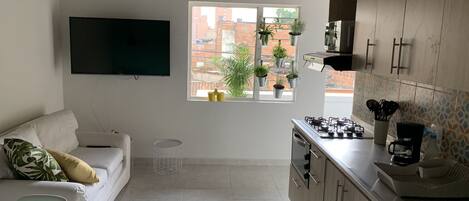 City Apartment | Private kitchen | Full-sized fridge, microwave, oven, blender