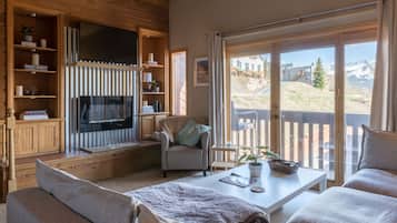 Smart TV, chimenea, reproductor de DVD y libros